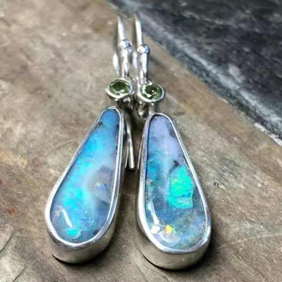 Bohemian Faux Opal Drop Dangle Earrings Light Blue Green Lightweight - Picture 3 of 9